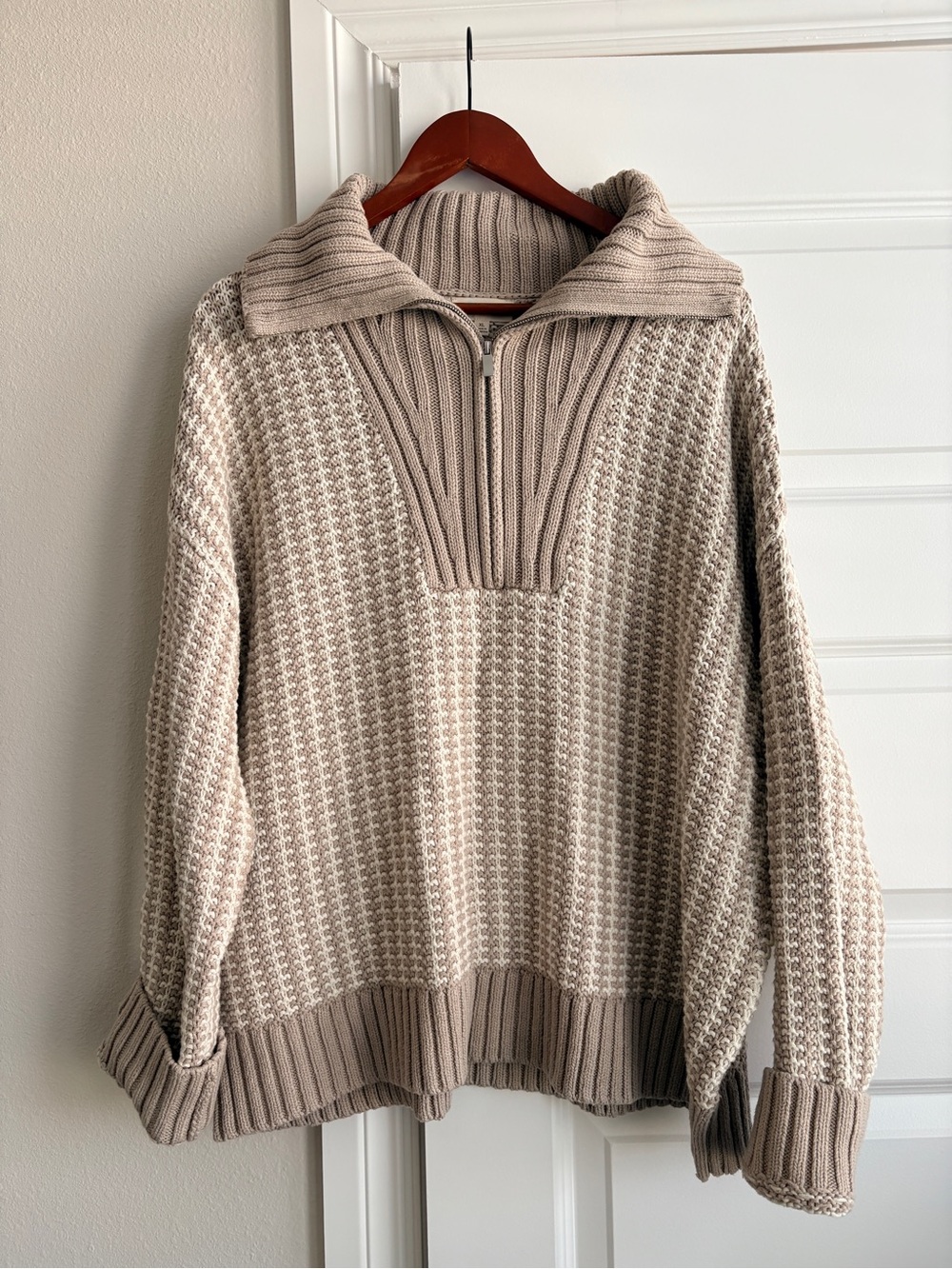 Haven Well Within Talbots Beige chunky Textured Half-Zip Cowl Sweater XL